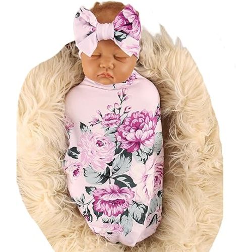 Galabloomer Receiving Blanket Headband Set Flower Print Baby Swaddle Receiving Blankets (purple rose)