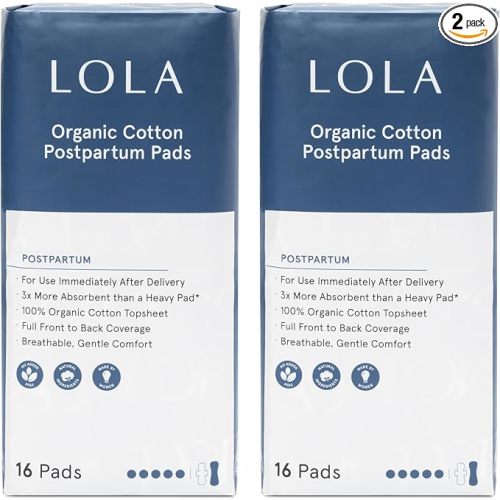 LOLA Organic Cotton Postpartum Pads - Max Absorbency Pads for Postpartum Bleeding - Extra-Long Overnight Liners for Women - Hospital Bag Essentials - 32 Count, Unscented