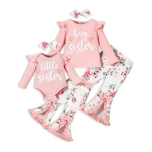 FAMIHAO Big Sister Little Sister Matching Outfits Rib Knit Romper/Shirt Floral Pants Toddler Baby Girl Clothes