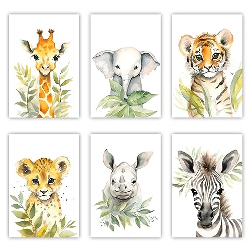 LZIMU Baby Safari Animals Nursery Wall Art 6 Pieces Cute Giraffe Elephant Tiger Leopard Rhino Zebra Poster Woodland Canvas Prints Kids Room Decor (No frame (Rolled up Canvas), 8.00"x12.00"x6)