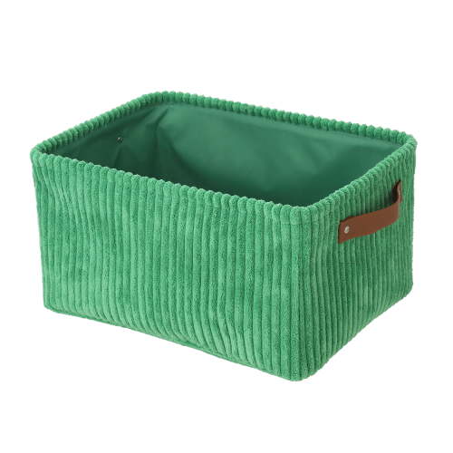 Mainstays Green Corduroy Decorative Storage Basket with Leather Handles