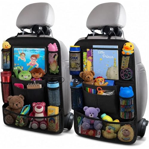 Car Backseat Organizer with 10" Table Holder, 9 Storage Pockets Seat Back Protectors Kick Mats for Kids Toddlers, Travel Accessories, 2 Pack