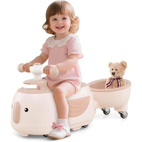 HONEY JOY Ride On Push Car with Trailer, Indoor Outdoor Toddler Riding Toys w/Under-seat Storage, LED Light, Music, Foot-to-Floor Sliding Car, No Battery Baby Ride On Toys for Boys and Girls (Coffee)
