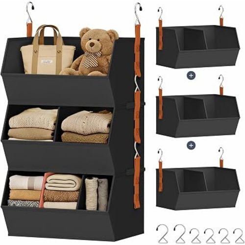 DIMJ Hanging Closet Organizer Extra Large, Clothes Hanging Shelves for Closet with Divider, Collapsible Closet Storage System, Fabric Storage Bins for Home, Black, 15.75 × 12.20 × 9.44, 3 Pack