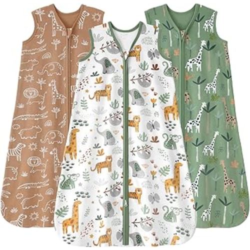 Baby Sleep Sack 0-6 months, 100% Cotton Sleeping Sack for Newborn and Infant, 3 Pack Baby Wearable Blanket for Boy and Girl, 0.5 Tog Lightweight Double Zipper Sleep Bag Green Brown Giraffe