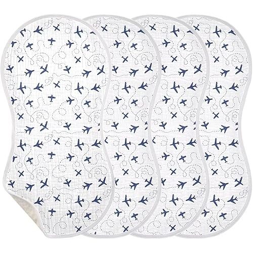 Baby Muslin Burp Cloths Set of 4 Blue Airplanes Muslin Washcloths Air Plane Transportation Sky White Milk Spit Up Rags Newborn Towel Burp Cloth Bib for Unisex Boys and Girls, 22 x 11 Inch