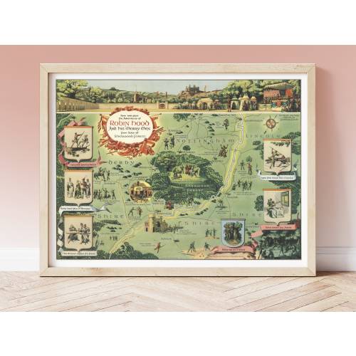 Vintage Robin Hood Poster, Tales of Sherwood Forest, circa 1955, Nursery Art, illustrated pictoral fantasy map fictional England