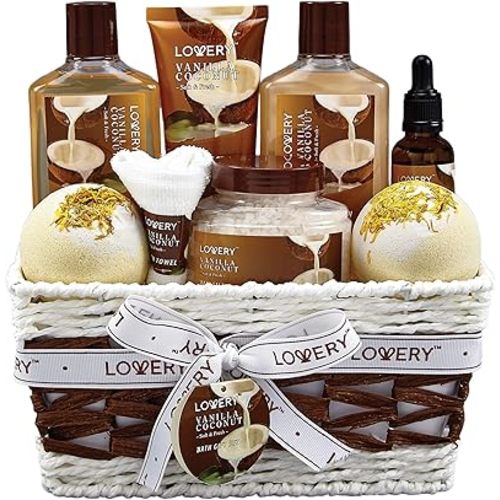 Gifts For Women Gift Basket for Women– 9 Piece Set of Vanilla Coconut Home Spa Set, Luxurious Gifts for Her, Bath and Body Sets Includes Fragrant Lotions, Large Bath Bombs, Coconut Oil