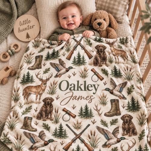 Personalized Hunting Baby Blanket, Custom Name Deer Blanket, Duck Hunting Baby Gift, Camo Nursery Decor, Baby Boy Blanket, Hunter Gift