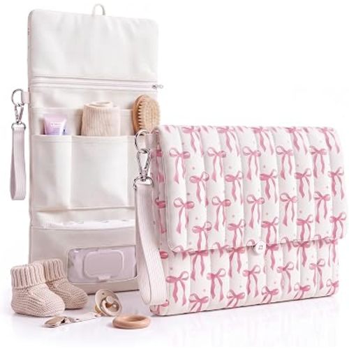 Quilted Pink Bow Baby Wipe Holder Fabric Foldable Diaper Bag Organizer with Handle Portable Wet Wipes Pouch for Baby Travel Home Car Stroller