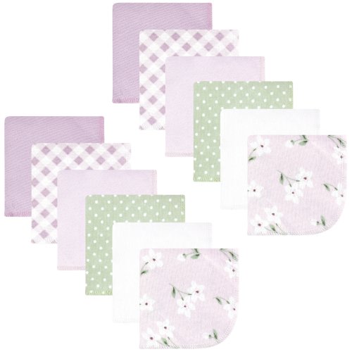 Hudson Baby Infant Girl Flannel Cotton Washcloths, Purple Dainty Floral 12 Pack, One Size