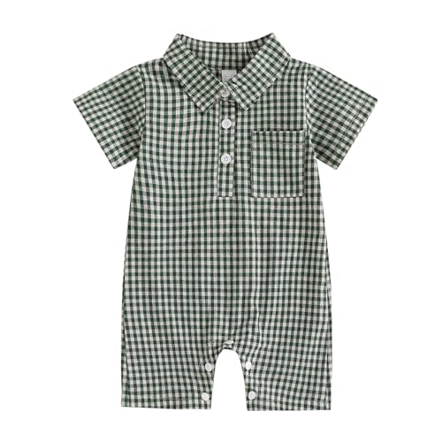 Karuedoo Newborn Baby Boy Clothes Gingham Short Sleeve Collared Romper Jumpsuit Plaid Button Down Bodysuit Summer Outfit