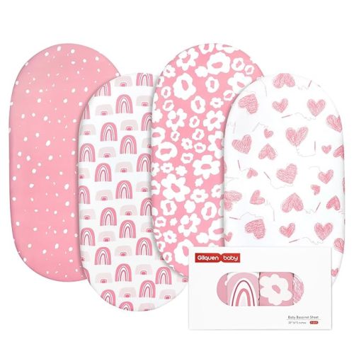 Gllquen Baby Bassinet Sheets 4 Pack, Breathable Cozy Fitted Mattress Sheet, Elastic Travel Crib Fashionable Floral Pattern, Standard Cradle Safe Sheets for Baby Boys Girls 32"x16"(Love)