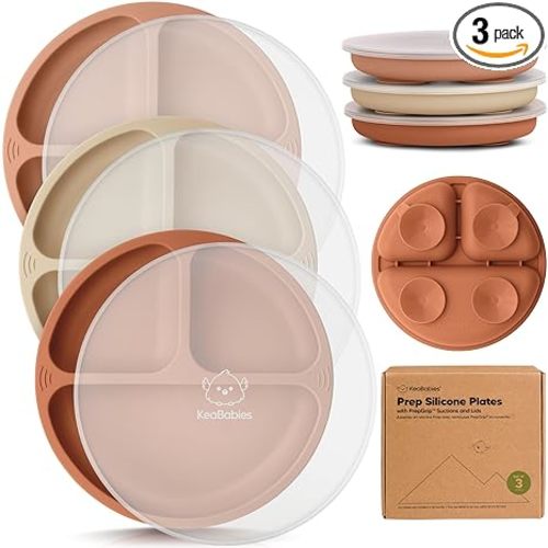 KeaBabies Suction Plates with Lids for Baby - 3-Pack 100% Silicone Toddler Plates with Suction, Divided, BPA-Free Baby Led Weaning Essentials for Kids, Dishwasher, Microwave Safe, Durable (Terracotta)