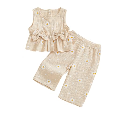 Kaipiclos Infant Baby Toddler Girl Clothes Daisy Linen Outfits Bows Shirts Long Pants 6 12 18 24 Months 3T 4T Girls Clothing