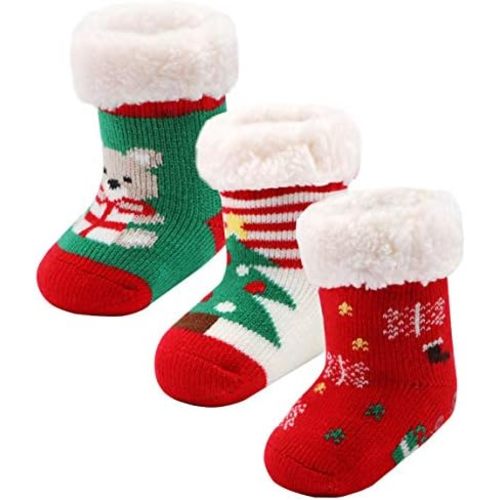 3 Pairs Toddler Girl Boy Sherpa-lined Fuzzy Socks Anti Skid with Grips, Baby Girl Boy Christmas Socks Kids Slipper Socks