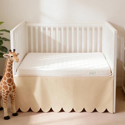 100% Cotton Scallop Edge Crib Bed Skirt, 28"x 52" with 14" Drop, 4-Sided Soft Breathable Cotton Bedding Skirt for Baby Boys Girls, Elegant Vintage Chic Boho Nursery Decor Toddler Bedskirt