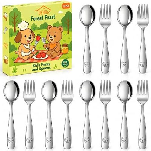 DEHOV Toddler Eating Utensils Set,Set Of 12 Food Grade Stainless Steel Silverware Sets For Kids,Dishwasher Safe Children Small Metal Spoons And Forks Flatware Sets