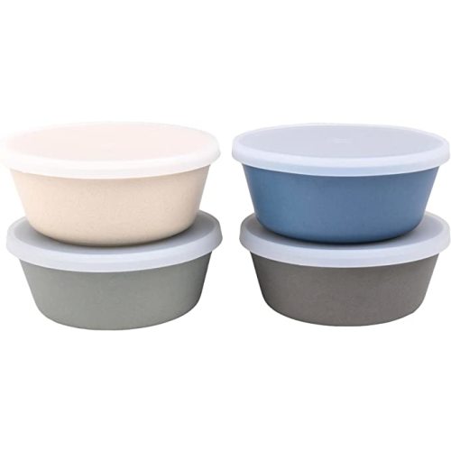 WeeSprout Bamboo Kids Bowls with Lids, Set of Four 10 oz Kid-Sized Dinnerware, Cereal, Leftovers & Snack Bowl, Dishwasher Safe (Blue, Green, Gray, & Beige)