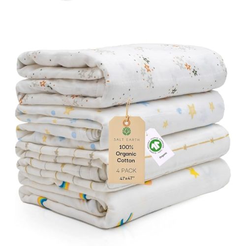 47"x 47" GOTS 100% Organic Cotton Swaddle Blanket 4 Pack (Solids/Rainbow) | Salt Earth Organic 2 Layer Baby Blanket,Receiving Blankets, Swaddling, Wrap for Boy & Girl, Newborn Baby Essentials, Registry