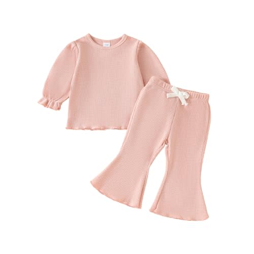 Koecnoc Baby Girl Fall Outfit Toddler Girl Winter Clothes Baby Lantern Sleeve Top and Flared Pant 2-Piece Waffle Clothing Set