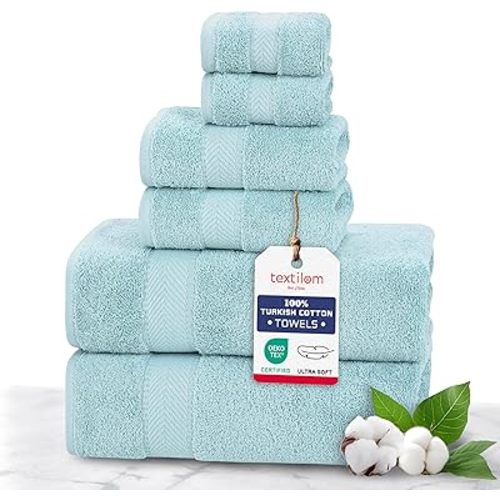 TEXTILOM 100% Turkish Cotton 6 Pcs Luxury Bath Towel Set, Soft & Absorbent Towels for Bathroom (2 Bath Towels, 2 Hand Towel, 2 Washcloths) - Aqua