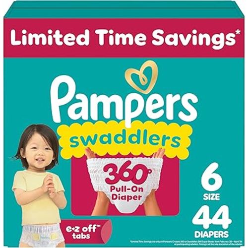 Pampers Diapers - Swaddlers 360° - Size 6, 44 Count, up to 100% Leakproof Comfy Dry Fit, Designed for Easy Changes, Pull On Baby Diaper (Packaging May Vary)
