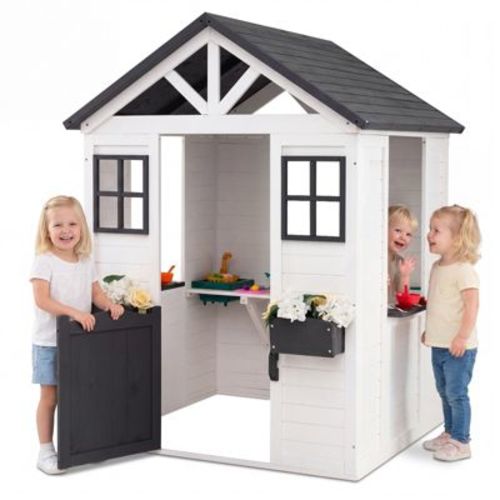 Costway Kids Outdoor Playhouse with Sink, Spruce Wooden Cottage with Half Door, Flower Pots White