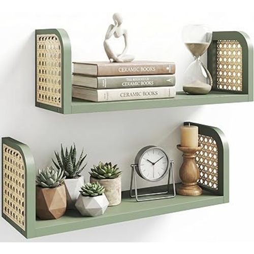 Green Rattan Shelf Set of 2, Cute Nursery Shelves Wall Mounted, Natural Hanging Bookshelf Storage, Boho Decorative Floating Shelves for Kids Room, Living Room, Play Room, Bedroom, Home Decor