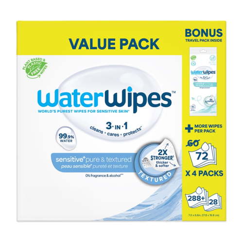 WaterWipes Sensitive Pure & Textured Wipes, 3-In-1 Cleans, Cares, Protects, 99.9% Water, Unscented & Hypoallergenic, 288 Count + Bonus Pack