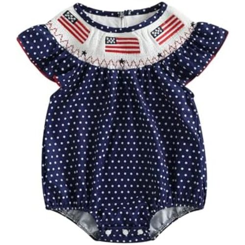 MoZiKQin Baby Girl 4th of July Outfit Embroidered American Flag Plaid Bubble Romper Smocked Bodysuit Cute Summer Clothes
