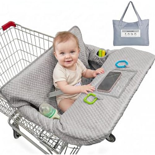 Shopping Cart Cover for Baby, Air Cool & Breathable Fabric All Seasons Grocery Cart Cover, Universal Fit for Most Shopping Carts & Restaurant High Chair with Multi Storage, Gray