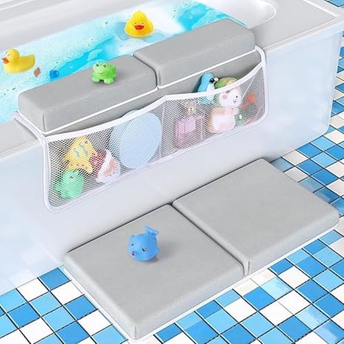 Bath Kneeler and Elbow Rest Pad Set - Gray Green - 1.5 inch Extra Thick Baby Bathtub Kneeling Pad and Removable Elbow Pad,with Baby Bath Toys and Organizer Pockets - Easy to Clean-Tiikiy