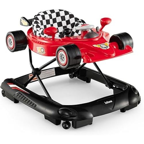 INFANS Foldable Baby Walker, 3 in 1 Toddler Activity Center Leaning-Seated Walk-Behind with Steering Wheel, Adjustable Height, Lights, Music, Washable Seat Cushion (Cherry)