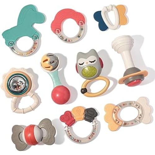Popsunny Baby Rattle Toy Set 0-6 Months, Newborn Infant Birthday Gifts for Boys Girls 6-12 Months, Montessori Teething and Rattle Toys for 3-6 Months Baby Early Development
