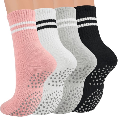 YOMYM 4 Pairs Grip Socks Pilates Socks for Women, NonSlip Yoga Socks with Grips for Barre Hospital Sticky Slipper Crew Socks