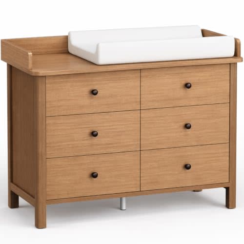 MAMAZING Keeva 6-Drawer Dresser with Changing Pad, Safety Anti-Tip Structure & Adjustable Feet, Wood Dressers with Wipeable Surface, Walnut Dresser for Bedroom, Kids & Nursery Storage Chest