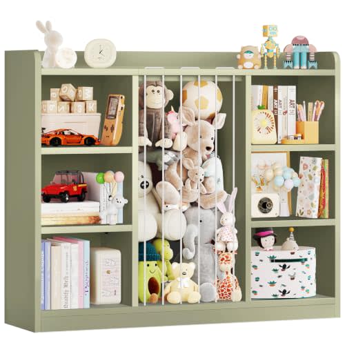 ONBRILL 2-in-1 Toy Storage Organizer with Stuffed Animal Storage, Green | Kids Bookcase with 6 Cube Storage, Kids Bookshelf for Kids Room Playroom Bedroom, Rounded Corners & Anti-Tip