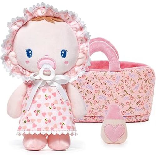 LeyaDoll Soft Baby Doll Gift Set - First Baby Doll Accessories Plush Rag Sleeping Cuddle Buddy Doll Toy Mini Pink Set for Kids Girls (9'') - Cherry Baby