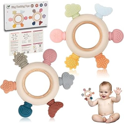 Teething Toys for Babies, 2 Pack Teether for Baby, Silicone Teething Ring for Sucking Needs, BPA Free Baby Toys 0-3-6-12 Months, Nursing Accessories Chew Gift Toys for Teething Pain Relief