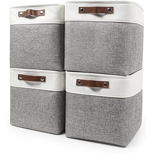 Collapsible Fabric Storage Cubes 11x11 Cube Storage Bins, 4 Pack Closet Baskets Box with Handles for Organizing, Shelf, Toys, Clothes, Home, Office, Nursery (Grey&White)