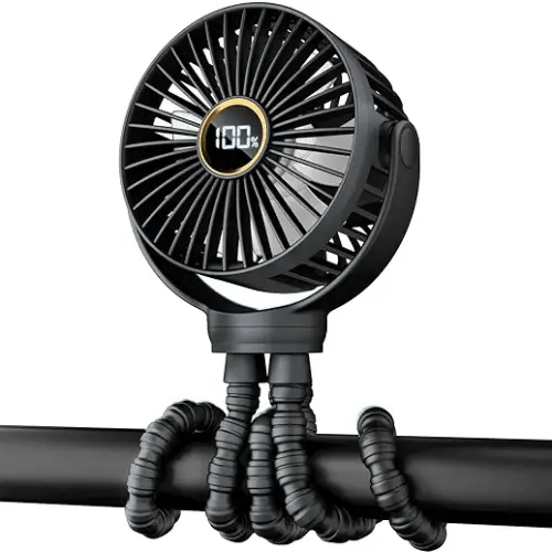 Portable Stroller Mini Fan, Small Rechargeable Personal Fan, Baby Travel Essentials for Wagon, Car Seat, Treadmill, Battery Powered Biking Gear Accessories, 360° Rotation, 3-Speed, Display, Black