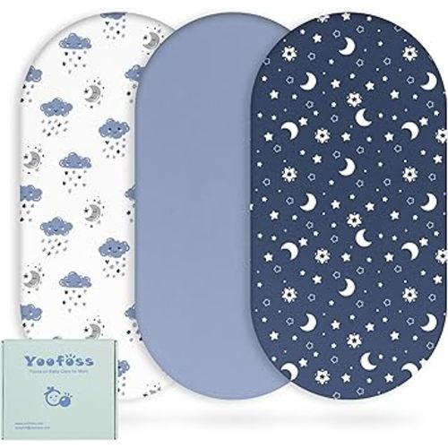 Yoofoss Bassinet Sheets for Baby,3-Pack Fitted Bassinet Sheets Set Compatible with Halo Bassinest Swivel Sleeper,Baby Delight,Angelbliss,Soft Breathable Bassinet Mattress Sheets(Blue+Cloud)