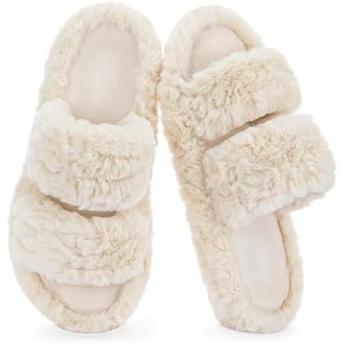 RockDove Women’s Pluffie Slippers with Arch Support & Memory Foam, Cozy Faux Fur Open Toe House Shoes, Gift-Ready Indoor Outdoor Comfort