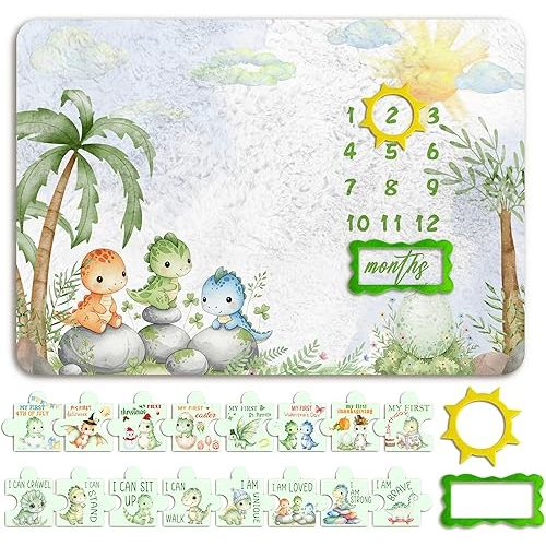 Dinosaur Baby Monthly Milestone Blanket, 1-12 Monthly Baby Milestone, Dinosaur Newborn Photography Background Decor, Newborn Photography Props Double-Sided