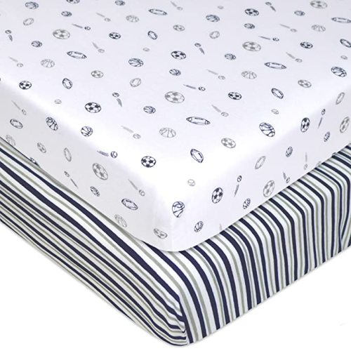 American Baby Company 2 Pack 100% Natural Cotton Fitted Pack and Play Sheets 39" x 27" - Soft & Breathable Pack N Play Sheets for Playard & Mini Crib Mattress, Navy/Grey Sport Stripes, for Boy & Girl
