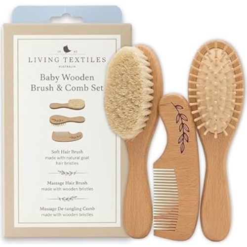 Living Textiles Baby Hair Brush & Comb Set Baby Grooming Kit- Natural Soft Goat Hair & Beechwood for Cradle Cap, Durable Scalp Bristles Essentials for Baby Boy, Girl Infant