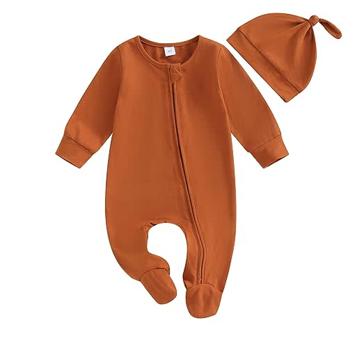 Newborn Baby Girl Boy Clothes Infant Long Sleeve Soild Footed Romper Zipper Footie Jumpsuit With Hat Fall Outfit