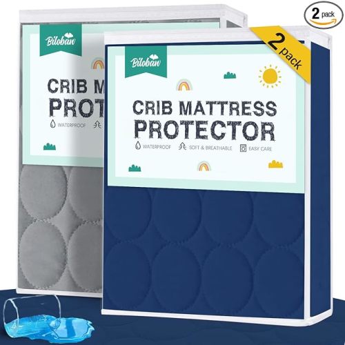 Biloban Crib Mattress Protector 2 Pack, Waterproof, Durable, Grey & Navy, Absorbent, Noiseless, Fits Standard 28 x 52 x 5 Inch Mattresses | Quilted Crib Mattress Pad Cover Fitted Fits for Toddler Bed Mattress