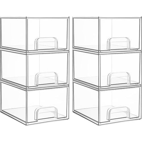 Vtopmart 6 Pack Clear Stackable Storage Drawers, 4.4'' Tall Acrylic Bathroom Makeup Organizer,Plastic Storage Bins For Vanity, Undersink, Kitchen Cabinets, Pantry, Home Organization and Storage
